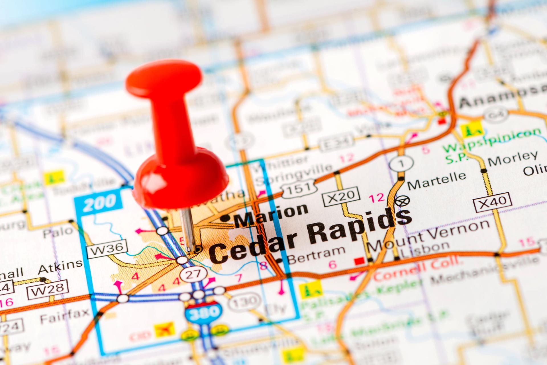 US capital cities on map series: Cedar Rapids, Iowa