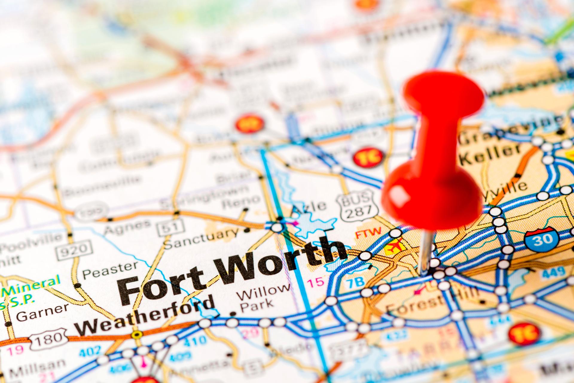US capital cities on map series: Fort Worth, TX