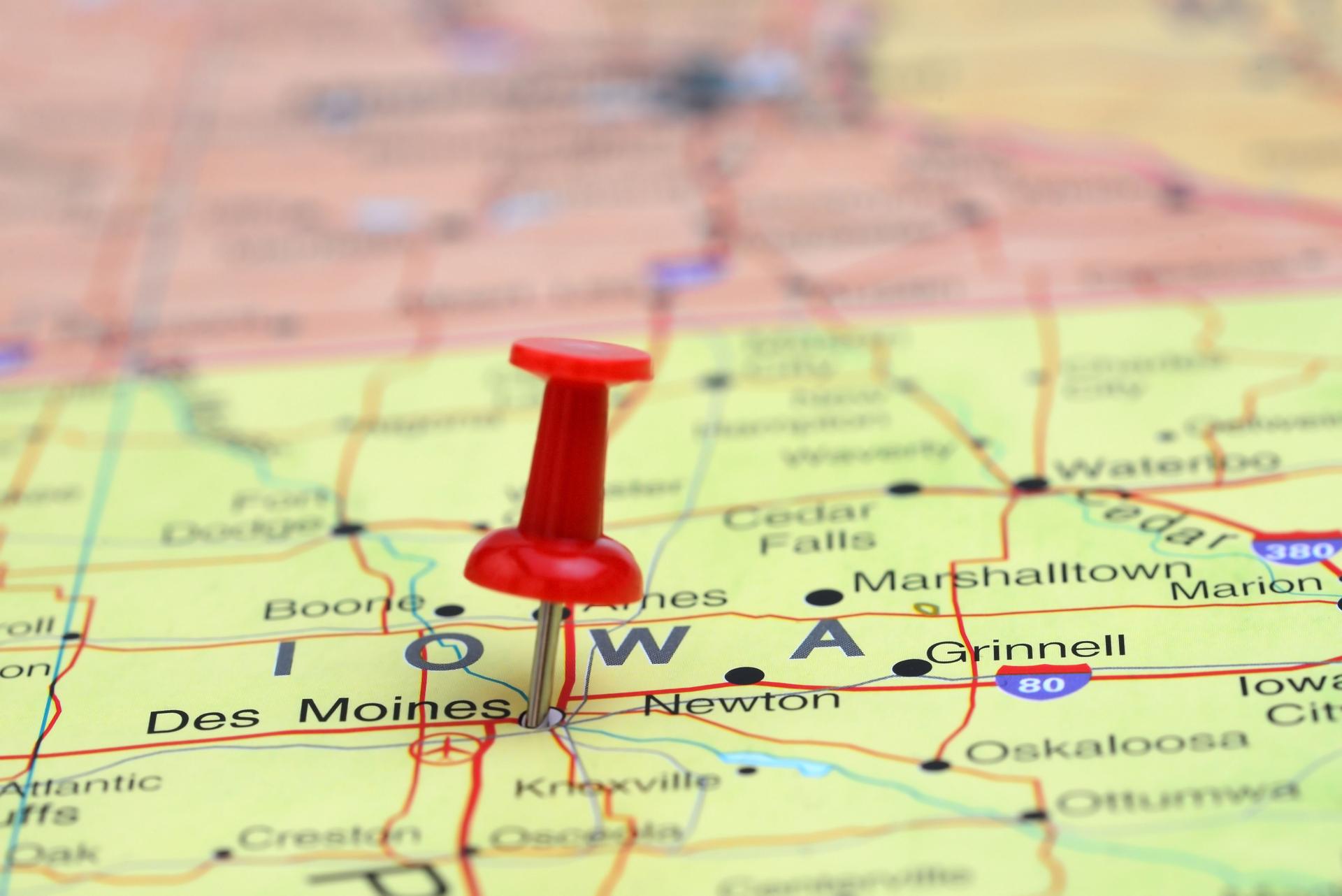 Des Moines pinned on a map of USA