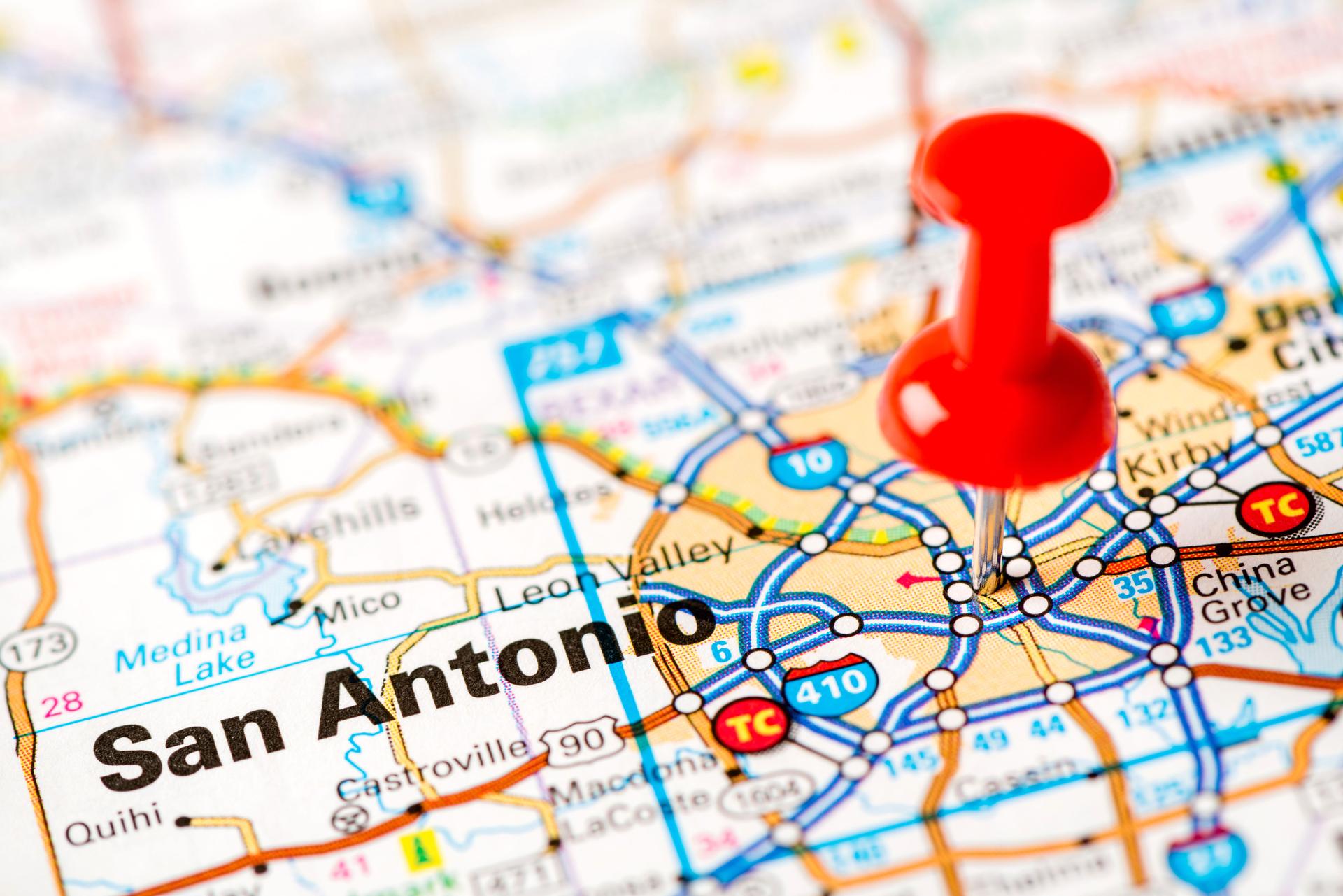 US capital cities on map series: San Antonio, TX